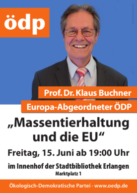 Plakat mit einem Portrait von Klaus Buchner und den Infos über die Veranstaltung