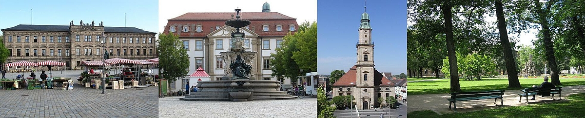 Ansicht von Erlangen in vier Bildern, von links nach rechts: 1. Das Schloss am Erlanger Schlossplatz, davor einige Marktstände von regionalen Landwirten; 2. Der Brunnen am Marktplatz, dahinter das Palais Stutterheim; 3. Die Hugenottenkirche am Hugenottenplatz; 4. Der Schlossgarten mit einem Menschen auf der Bank und Blick auf den Brunnen und blühende Blumen